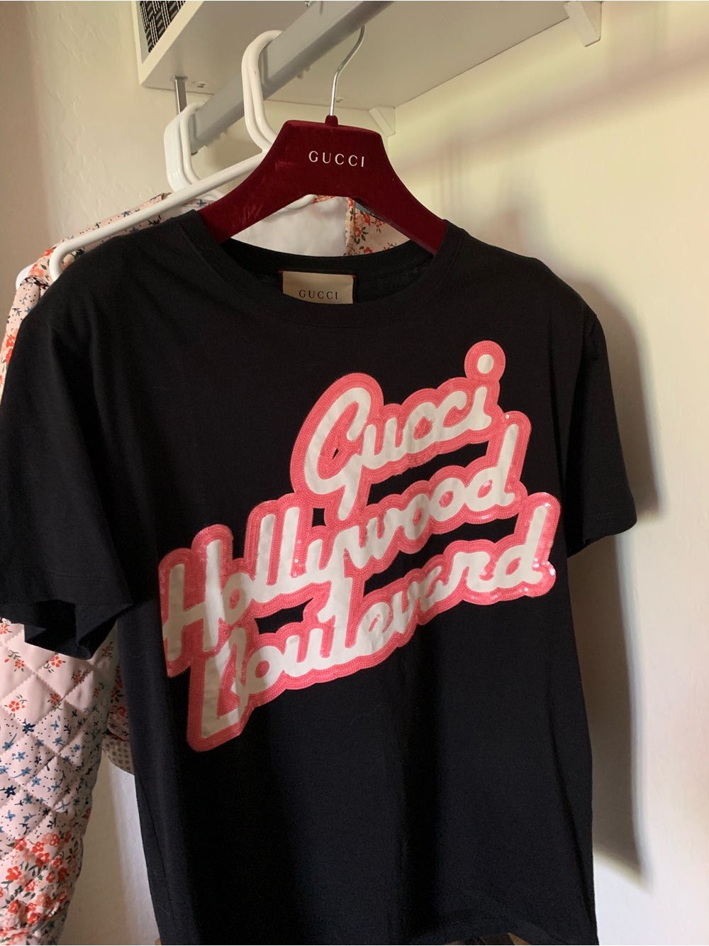 Gucci Black Tee with Pink Sequin Script